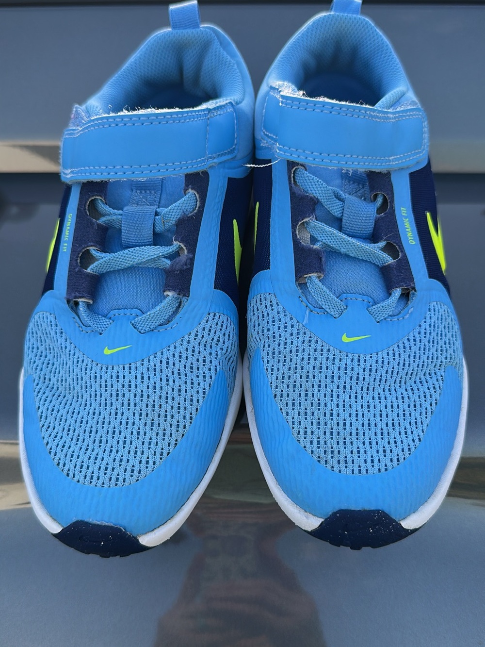 Nike Kids Blue Mesh Sneakers with Neon Yellow Swoosh